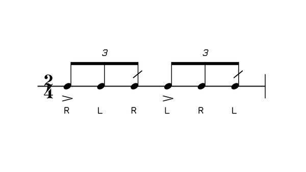 Diddle on 3 drum rudiment notation